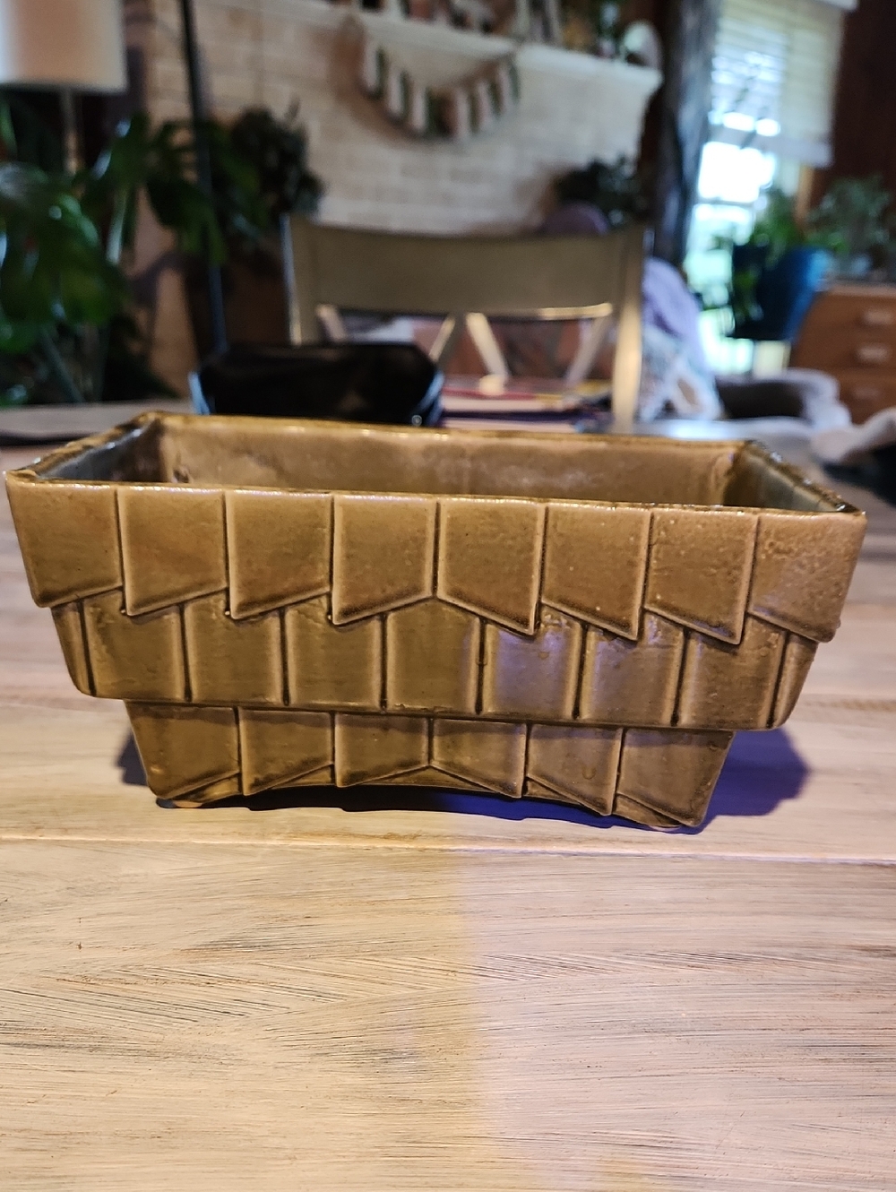 VINTAGE Cookson Pottery Olive Green Ceramic Basket Planter